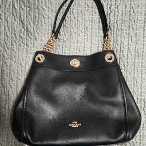 Coach Turnlock Edie Black Pebble Leather Shoulder Bag Large Designer Bag